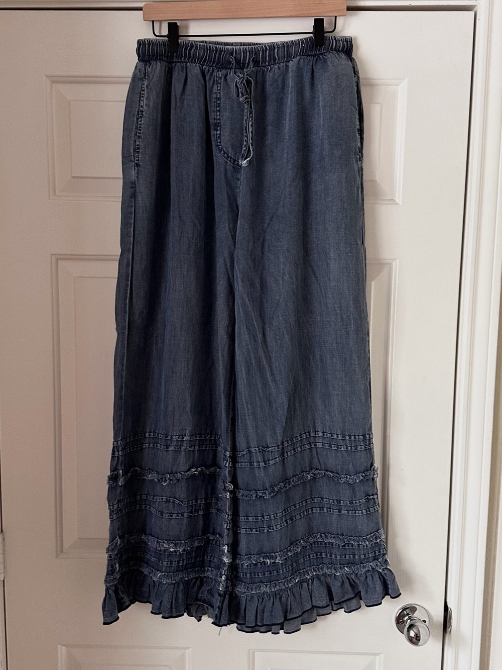 Origami Chambray Ruffle Wide Leg Pants